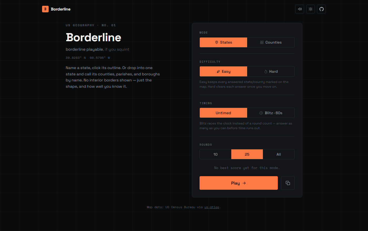 Borderline game start screen with mode, difficulty, timing and round options and a Play button, in a dark theme.
