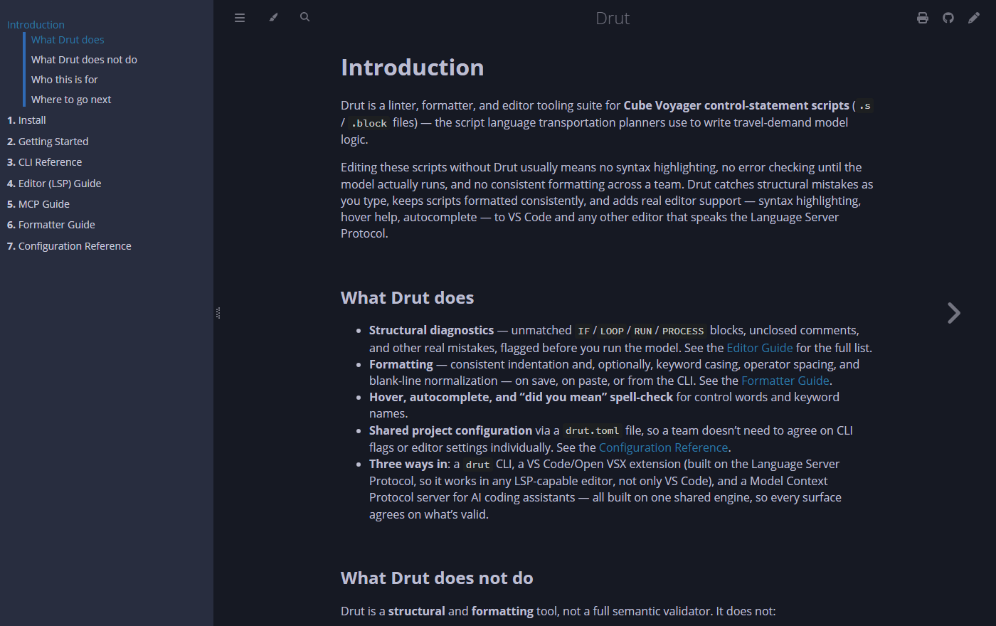 Drut documentation page introducing the Cube Voyager script linter, formatter and editor tooling suite.