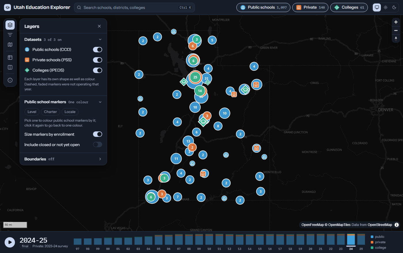Utah Education Explorer map of public schools, private schools and colleges as clustered markers, with a layers panel and a year timeline.