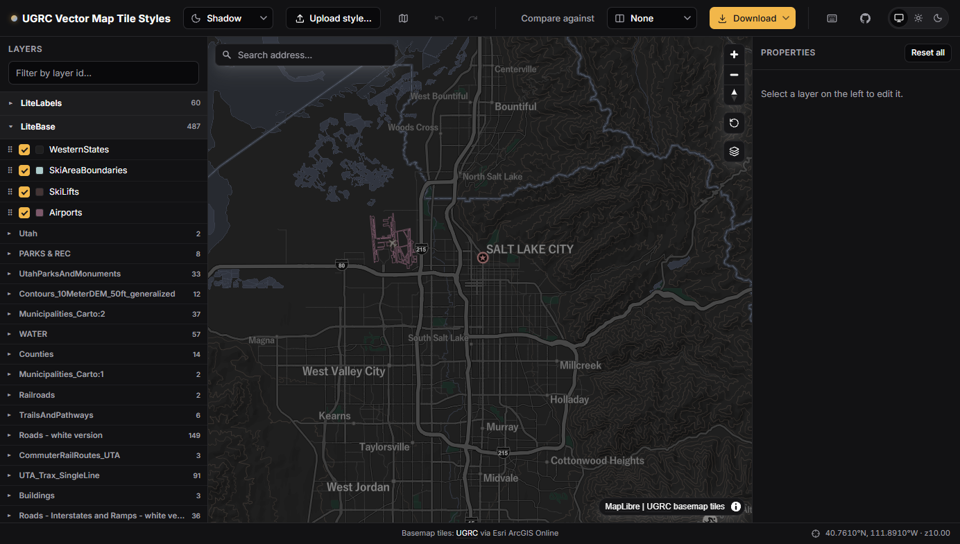 UGRC Vector Map Tile Styles editor showing a dark Salt Lake City basemap and a layer list.