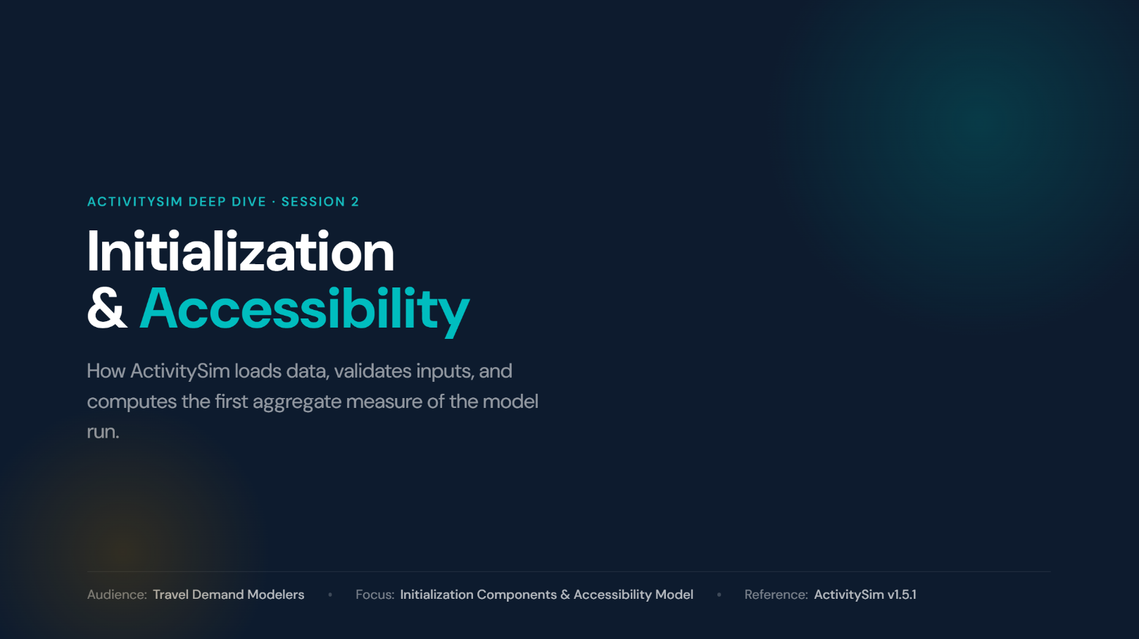 Title slide: Initialization and Accessibility, an ActivitySim deep dive for travel demand modelers.