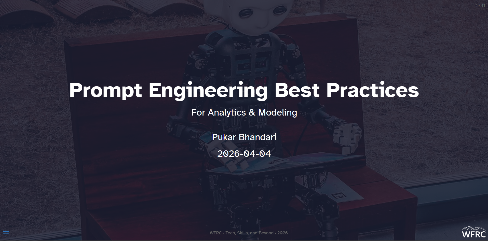 Title slide for Prompt Engineering Best Practices over a darkened photo of a humanoid robot reading.