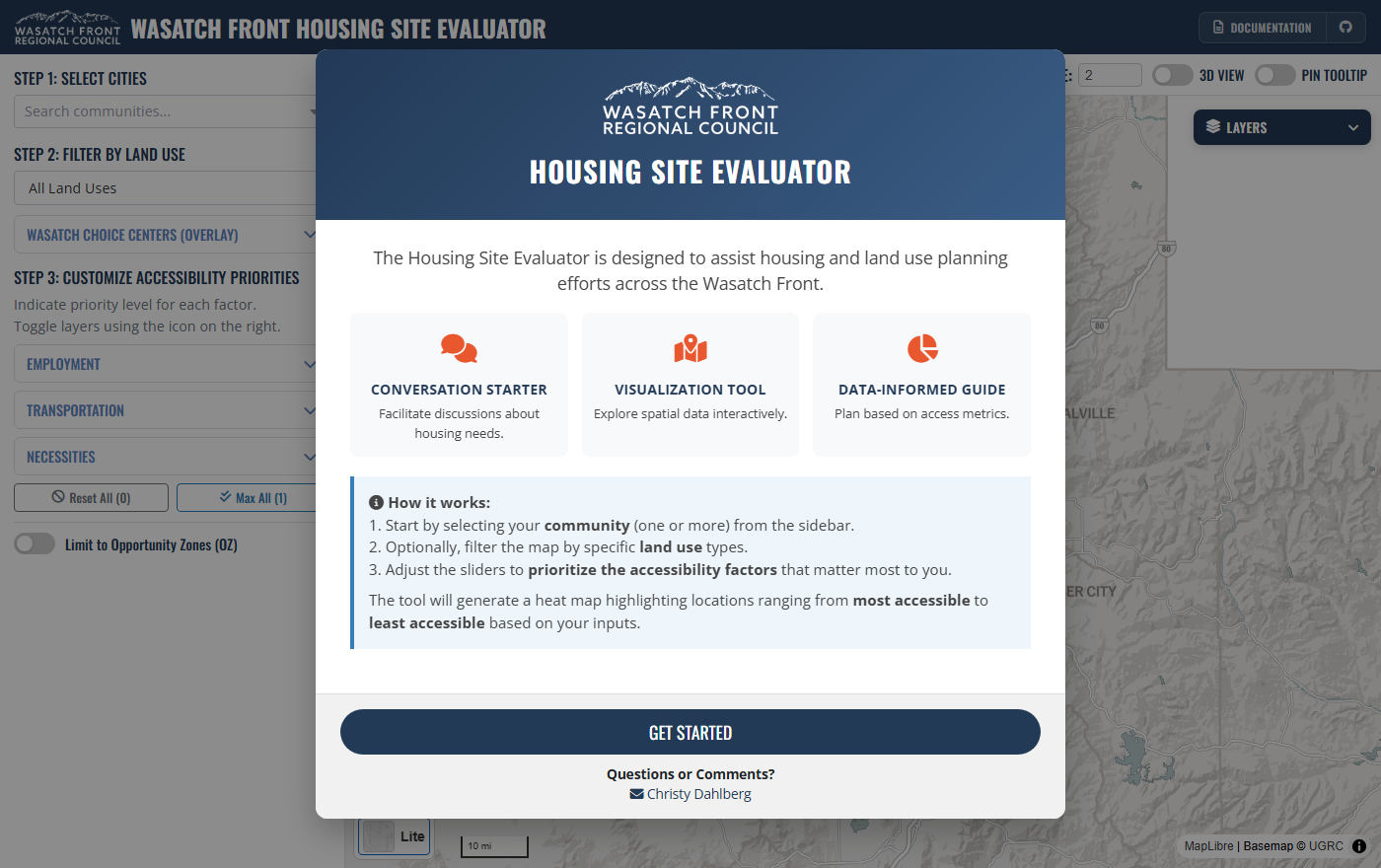 The Wasatch Front Housing Site Evaluator on its welcome screen.